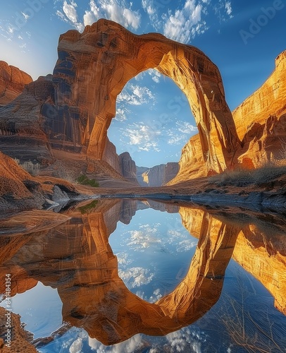  A stunning arch reflection in the crystal clear waters of rainbow bridge at arabian desert