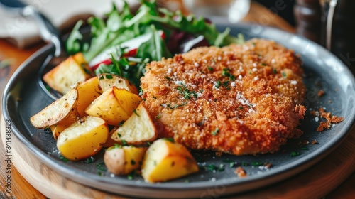 Breaded pork cutlet served with potatoes and side salad