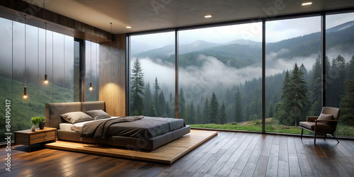  The image shows a modern bedroom with a large window overlooking a beautiful mountain landscape. The room features a large bed and a separate seating area.