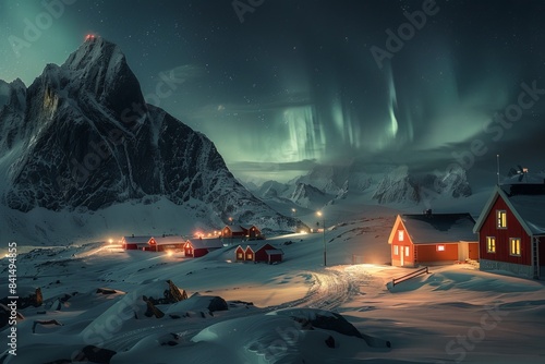 typical red houses in lofoten islands in winter in Norway, under northern light