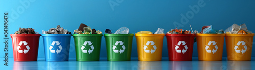 Concept of recycling and separate waste collection. Collecting trash cans full of different types of garbage.