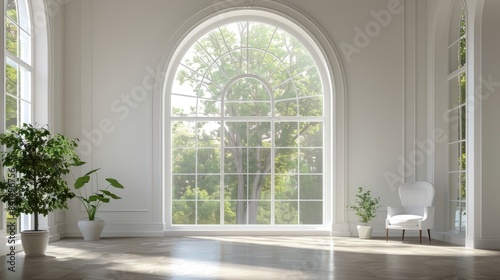 A stunning room captured with a grand arched window, allowing natural light to grace the space. Perfect for architectural inspiration.