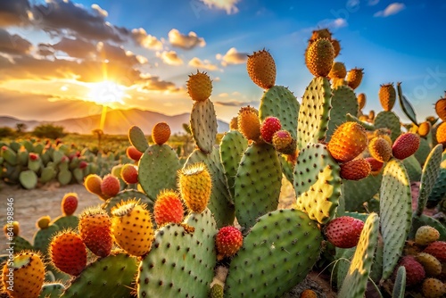 A Field Of Prickly Pear Cactus Plants With Ripe, Yellow And Red Fruit.