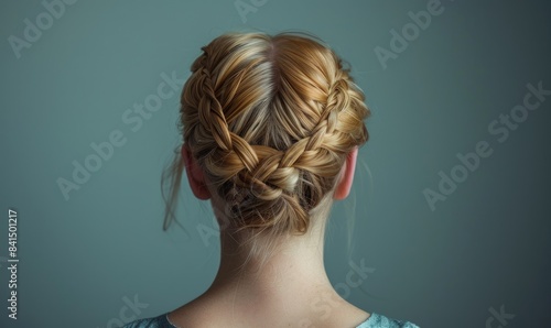 A woman with blonde hair, her hair braided intricately, facing away from the camera against a neutral studio background