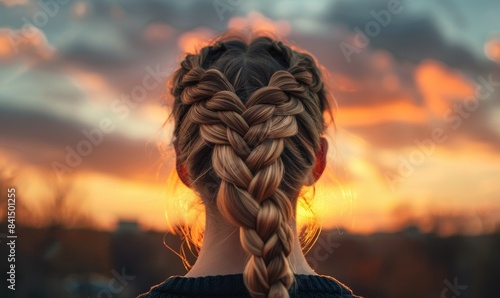 A woman with blonde hair, her hair braided intricately, with sunset on background, back view