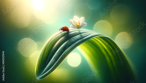 a ladybug on a curved green leaf with a single white flower at the tip.