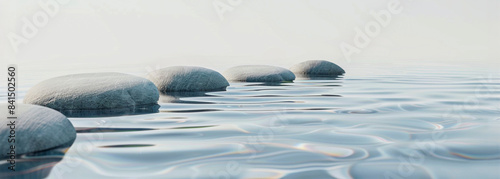 Una hilera de piedras lisas y redondas flotando en aguas tranquilas con ondas de fondo, creando una atmósfera pacífica y serena. Fondo blanco, renderizado 3D al estilo de un diseño simple sin sombras 