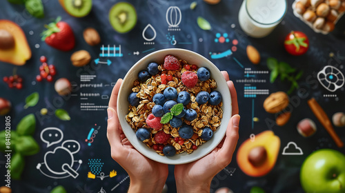 healthy eating, with smart coloring. Hands holding a bowl of granola and blueberries on a dark background, surrounded by nuts, fruits, vegetables, milk or water icons, top view