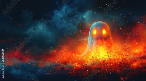 Glowing ghost in a fiery, mystical landscape with bats flying in the background