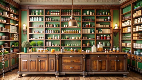 Vibrant shelves stocked with medications and medical supplies surround a tidy pharmacy counter adorned with a vintage-style woodenapotheke sign.