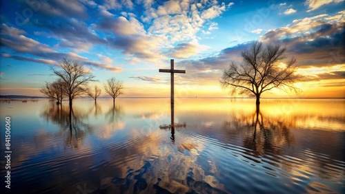 Isolated cross erected amidst desolate, partially-submerged landscape, surrounded by calm, reflective floodwaters, evoking sense of solemnity and resilience.