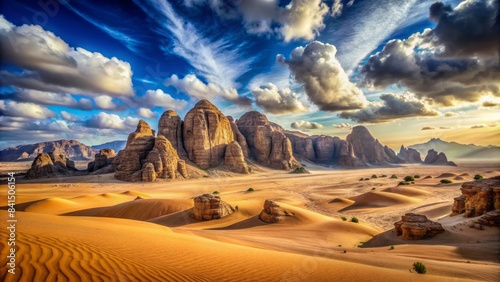 Sweeping desert landscape with vast sand dunes, rock formations, and endless blue skies, evoking the majestic presence of a biblical leader.