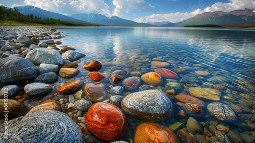 Colorful stones on serene Stony Lake shore in Yukon Territory, Canada