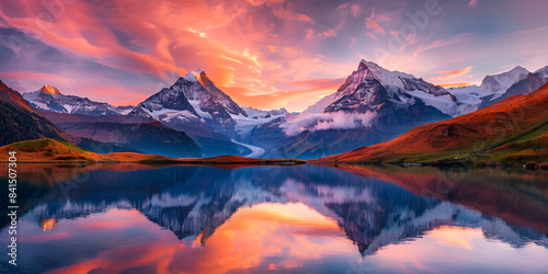  landscape during sunset, with a mountain lake reflecting the warm hues of the setting sun.