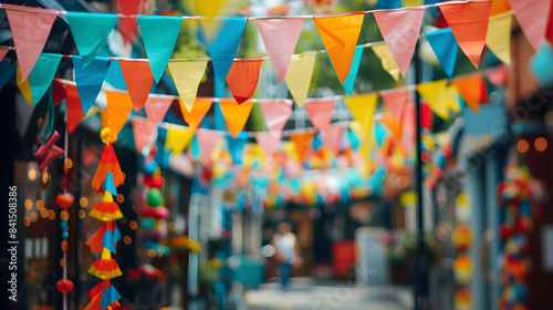 A narrow street adorned with colorful triangular flags strung overhead, creating a festive atmosphere. The blurred background suggests a bustling market or street fair, with shoppers and vendors
