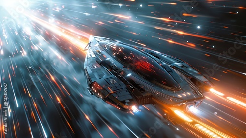 A futuristic spaceship entering warp speed, with streaks of light and energy trails