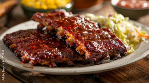 A plate of spicy and tangy barbecue ribs served with coleslaw and cornbread, a classic Southern dish that's synonymous with backyard cookouts and summer gatherings