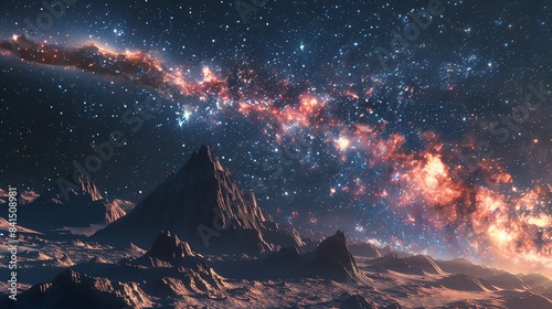 A majestic view of the Milky Way galaxy, seen from a mountain on an alien planet