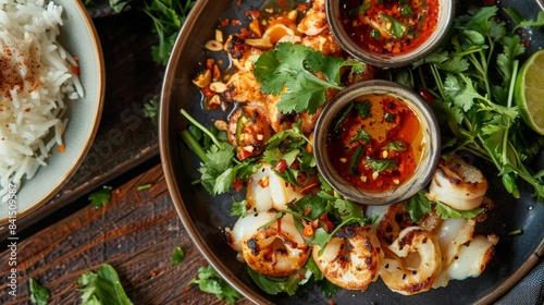 A plate of Thai-style grilled calamari served with tangy dipping sauce, fresh herbs, and a side of sticky rice, a delightful fusion of flavors