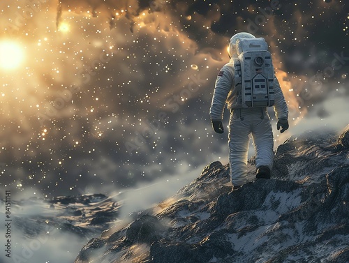 An astronaut exploring a mysterious, rocky exoplanet under a sky filled with stars