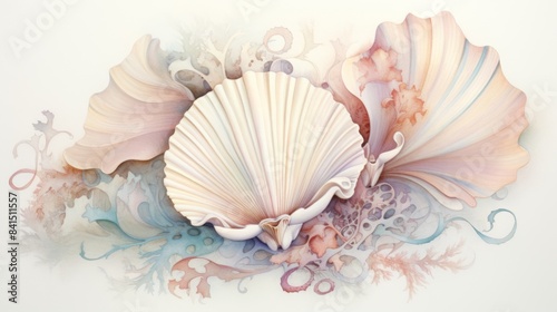 A painting of a shell with a blue and pink background