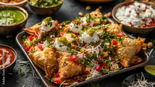 A platter of crispy and flaky samosa chaat, featuring chopped samosas topped with yogurt, chutneys, sev, and fresh herbs, a popular Indian street food snack