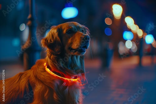 silhouette of a dog with a bright luminous collar standing against the backdrop of an evening city landscape. City lights provide a contrasting backdrop, highlighting the outline of the dog and neckla