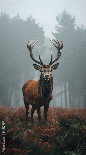 Magnificent Stag Standing Proudly in Misty Forest Nature Scene