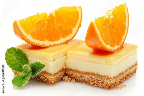 Orange cheesecake bars with a graham cracker crust and fresh orange slices, presented on a white surface