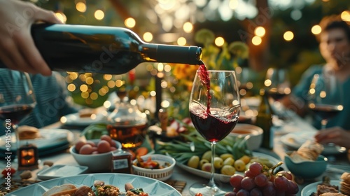  A bottle of wine is being poured into the glass, surrounded by people at an outdoor
