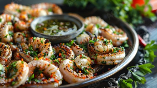 A platter of spicy grilled calamari, marinated in herbs and spices, served with a side of tangy dipping sauce and garnished with fresh parsley