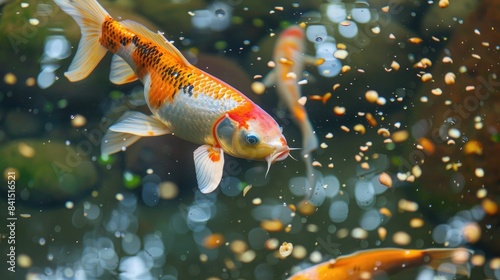 Koi fish in a pond eating bread crumbs symbolizing good fortune for the Chinese