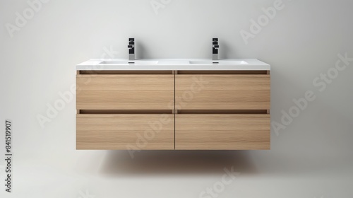 Modern bathroom vanity with double sinks and wood finish. Ideal for contemporary home decor and interior design projects.