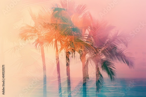 A double exposure of palm trees and the ocean, with an orange gradient background