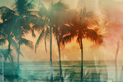 A double exposure of palm trees and the ocean, with an orange gradient background