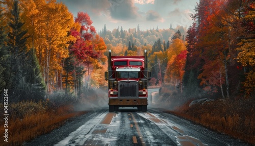 A red semi truck drives through a fall forest on a rural road. Autumn logistics and transportation.