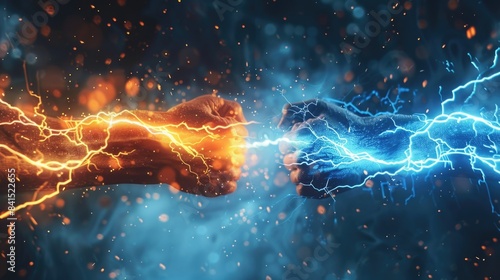 A close-up shot of two hands touching each other, surrounded by lightning in the background