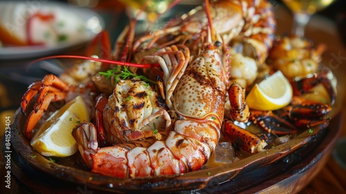 A seafood lover's delight - a platter of grilled river prawns, crab legs, and lobster tails, served with melted butter and lemon wedges