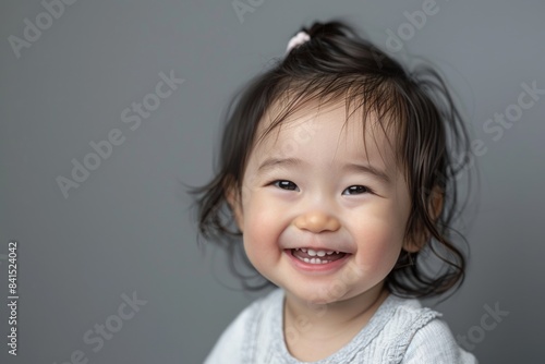 A young child playing with a toothbrush, smiling and having fun