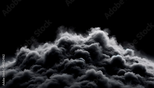 Dark, billowing clouds on a black background, representing a concept of turmoil or stormy weather. Generative AI