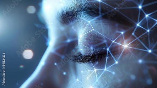 Close-up of a person's face with a digital network overlay representing connections, technology, and innovation.