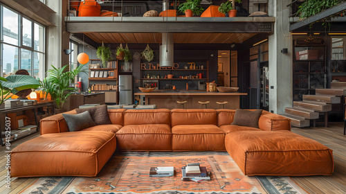 modern loft-style interior with a cozy brown leather sofa with cushions and a kitchen area visible under a mezzanine level