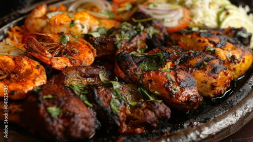 A sizzling platter of tandoori grilled meats, including chicken, lamb, and shrimp, marinated in flavorful spices and cooked in a traditional clay oven