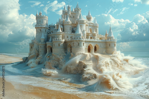 An enchanted castle with towers and spires, formed from golden sand,