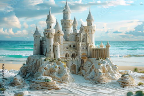 An enchanted castle with towers and spires, formed from golden sand,