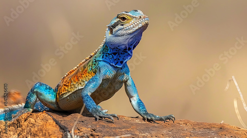 Blue-throated agama basking on rock in natural habitat
