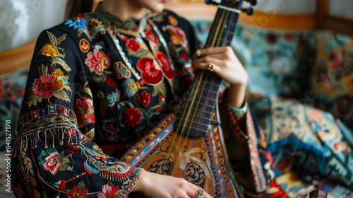 The graceful lines of her sarafan, a traditional Russian dress, complement the graceful curves of the balalaika