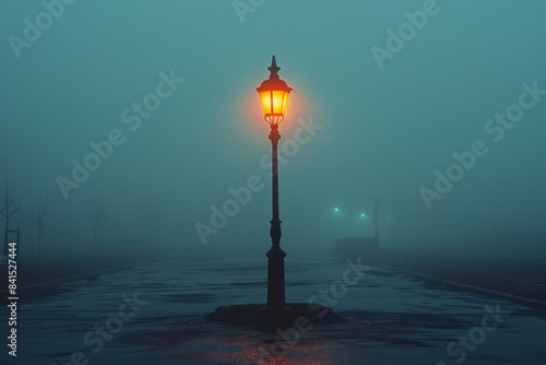 A lone lamp post standing in the middle of a foggy night, casting a dim glow,