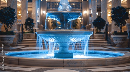 An elegant marble fountain surrounded by glowing blue and white lights.