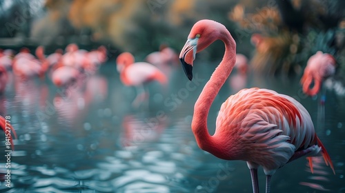 Shallow Depth of Field Flamingo Pond with Blurred Background and Room for Text